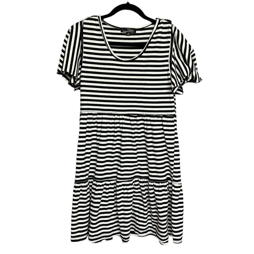 Suzanne Betro Breton Stripe Babydoll Cotton Blend Flutter Sleeve Dress Size M